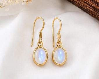 Natural Rainbow Moonstone Oval Dangle Earrings in 14K Yellow Gold | Bezel Set Cabochon Gemstone Drop Earrings | Elegant Minimalist Handmade