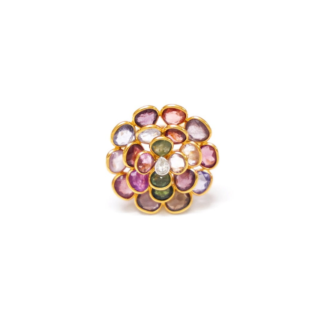 Natural Multi Sapphire Flower Gemstone Ring in 18k Solid Yellow Gold ...