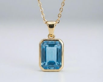 18K Gold Emerald Cut Blue Topaz Bezel Pendant Necklace | Natural Blue Topaz Solitaire Pendant | Minimalist Fine Jewelry Gift for Women