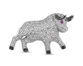 Diamond Bull Brooch Pin, Bull Market Jewelry, Ruby Eye Bull Brooch, Handmade Silver Animal Brooch, Statement Fine Jewelry Gift for Collector