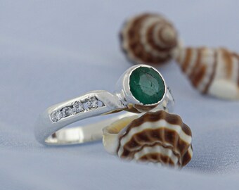 Dainty Zambian Emerald Ring, In 925 Sterling Silver Ring Solitaire Ring, Zircon Ring, Natural Gemstone Anniversary Ring, Minimalist Ring