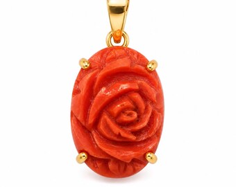 Very Rare Natural Japanese Momo Coral Oval Flower Carved Loose Gemstone in 18k Solid Gold Pendant