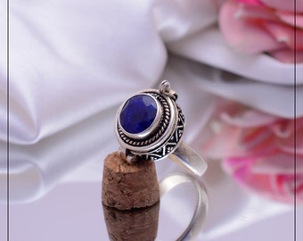 Blue Sapphire Ring Poison Ring, In 925 Sterling Silver Ring Hidden Box Ring, Small Box Ring, Locket Ring for Women Ring, Poisoner Ring Gifts