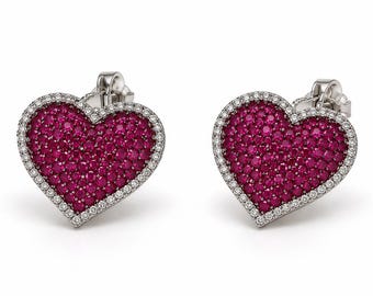 Heart Shape Ruby & Diamond Gemstone Earrings made  14k White Gold