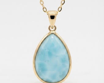 18K Gold Pear Shape Larimar Pendant Necklace | Natural Larimar Bezel Pendant | Handmade Ocean Blue Gemstone Jewelry Gift for Women