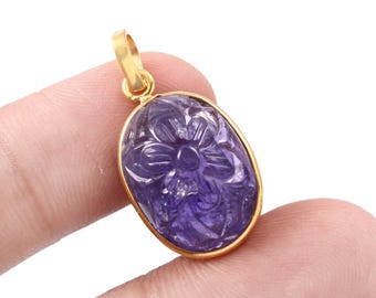 AAA Natural Tanzanite Flower Oval Carved Pendant in 18k Solid Yellow Gold Hand Carved Tanzanite Gemstone, Natural Tanzanite Carving Gemstone