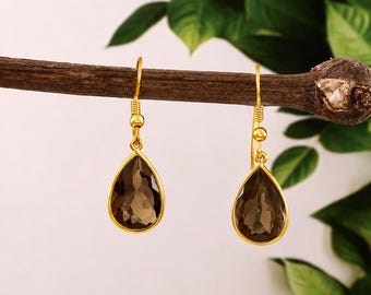 Smoky Quartz Teardrop Earrings in Gold | Minimalist Brown Gemstone Dangle Earrings | Elegant Bridesmaid Jewelry Gift