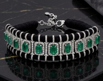 Natural Emerald Diamond Bracelet, Emerald Tennis Bracelet, Green Gemstone Bracelet, Statement Luxury Jewelry Gift for Women