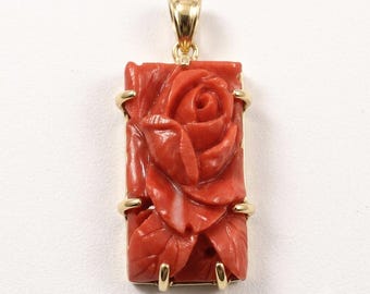 Antique Rare Japanese Carved Momo Coral Flower Pendant in 18k Solid Gold