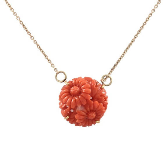 Natural Rare AAA Japanese Coral Flower Carved Pendant Necklace in 18k Solid Yellow Gold Jewelry gift for woman Vintage Coral Jewelry