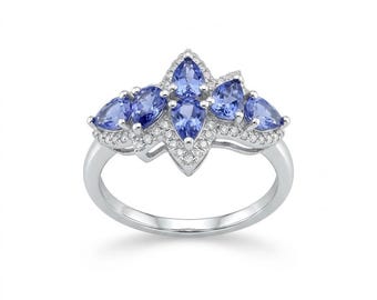 Natural Tanzanite Diamond Ring in 925 Sterling Silver, Blue Violet Gemstone Cluster Ring, Elegant Floral Statement Jewelry