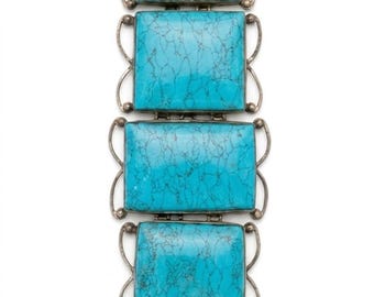 Vintage Turquoise Statement Bracelet, Blue Turquoise Stone Link Bracelet, Tibetan Style Silver Jewelry, Boho Ethnic Jewelry, Bold Gift