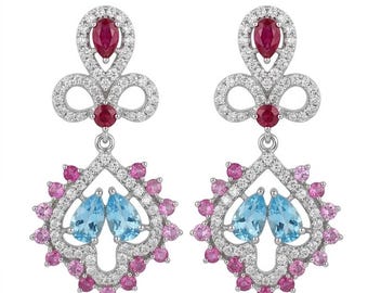 Ruby and Blue Topaz Dangle Earrings, White Topaz 925 Sterling Silver Earrings, Pink Ruby Statement Jewelry, Luxury Gemstone Earrings