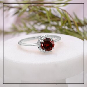 0.70 CTW Garnet Ring Engagement Ring In 18k Solid Gold Ring Moissanite Ring Halo Ring Red Gemstone Ring January Birthstone Ring Gift For Mom