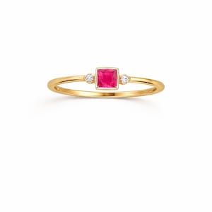 Minimalist Gold Ruby Ring, Square Cut Pink Gemstone Ring, Dainty Diamond Accent Ring, Stackable Gold Ring, July Birthstone Gift for Her