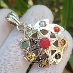 Navaratna Chakra Pendant Navratan Jewelry Sterling Silver Pendant, Handmade Pendant, Navratan Pendant Multi Stones Nine Stone Pendant Gifts