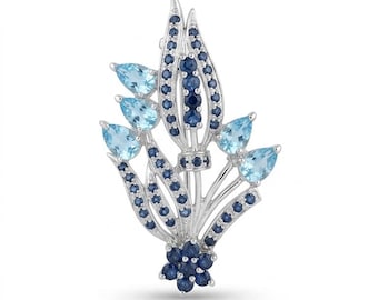 Blue Topaz & Sapphire Floral Brooch Pin, Vintage Inspired Flower Bouquet Brooch, Sterling Silver Statement Pin, Blue Gemstone Jewelry Gift