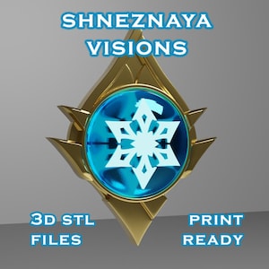 Op de afbeelding: Een 3D-printbaar model van een sneeuwvlok in een blauw en gouden kristal. Het model is gelabeld met "Shneznaya Visions" en "3D STL-bestanden Printklaar".