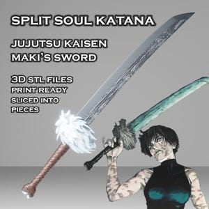 Pode incluir: Imagem de uma Katana Split Soul, a espada de Maki de Jujutsu Kaisen. A espada tem uma lâmina prateada com um design detalhado, um cabo branco e castanho, e o texto "3D STL FILES PRINT READY SLICED INTO PIECES".