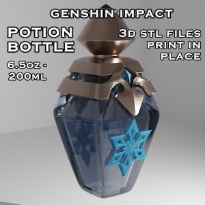 Puede incluir: Una botella de poción de vidrio azul con una tapa de metal dorado y un diseño de copo de nieve. La botella está etiquetada con "6.5oz - 200mL" y "Genshin Impact Potion Bottle". Archivos STL 3D para imprimir en su lugar.