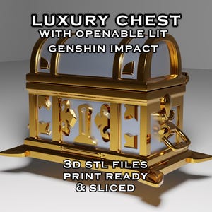 Könnte beinhalten: Eine gold-weiß luxuriöse Truhe mit einem zu öffnenden Deckel. Die Truhe hat verzierte goldene Details und den Text "LUXURY CHEST WITH OPENABLE LIT GENSHIN IMPACT" und "3D STL FILES PRINT READY & SLICED".