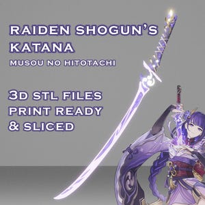 Puede incluir: Una katana de color morado y blanco con una empuñadura dorada. La espada se llama "Raiden Shogun's Katana Musou No Hitotachi" y se describe como archivos STL 3D, listos para imprimir y rebanados.