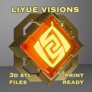May include: A 3D printed model of a Geo element from the video game Genshin Impact. The model is gold and features a glowing orange gem with a stylized symbol. The text "LIYUE VISIONS" is at the top of the image and "3D STL FILES" and "PRINT READY" are at the bottom.