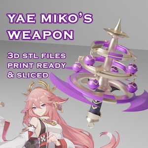 May include: A 3D-rendered weapon with a purple and gold color scheme. The weapon has a central column with circular and spherical elements, and curved blades. Text on the image reads "Yae Miko's Weapon" and "3D STL Files Print Ready & Sliced."