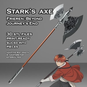 Pode incluir: Imagem detalhada do Machado de Stark de Frieren: Beyond Journey's End. O machado apresenta um cabo prateado, um eixo castanho e lâminas duplas com um design texturizado em preto e prata. O texto indica arquivos STL 3D.