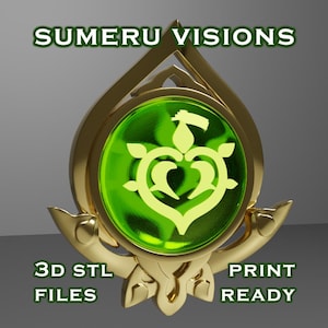 Op de afbeelding: Een 3D-geprint model van een Sumeru-Visie, een groene edelsteen met een gouden frame en een gestileerd hartontwerp. De tekst "SUMERU VISIONS" staat bovenaan de afbeelding, en "3D STL FILES" en "PRINT READY" staan onderaan.