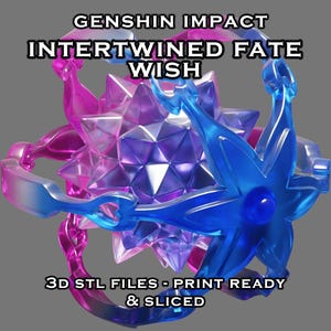 Può includere: Modello 3D stampato del sistema gacha "Genshin Impact Intertwined Fate Wish". Il modello è blu e rosa e presenta un design a forma di stella.