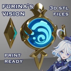 Puede incluir: Un modelo impreso en 3D de un colgante dorado con un diseño azul en espiral en su interior. El colgante está etiquetado como "Furina's Vision" y "3D STL Files". El modelo está listo para imprimir.