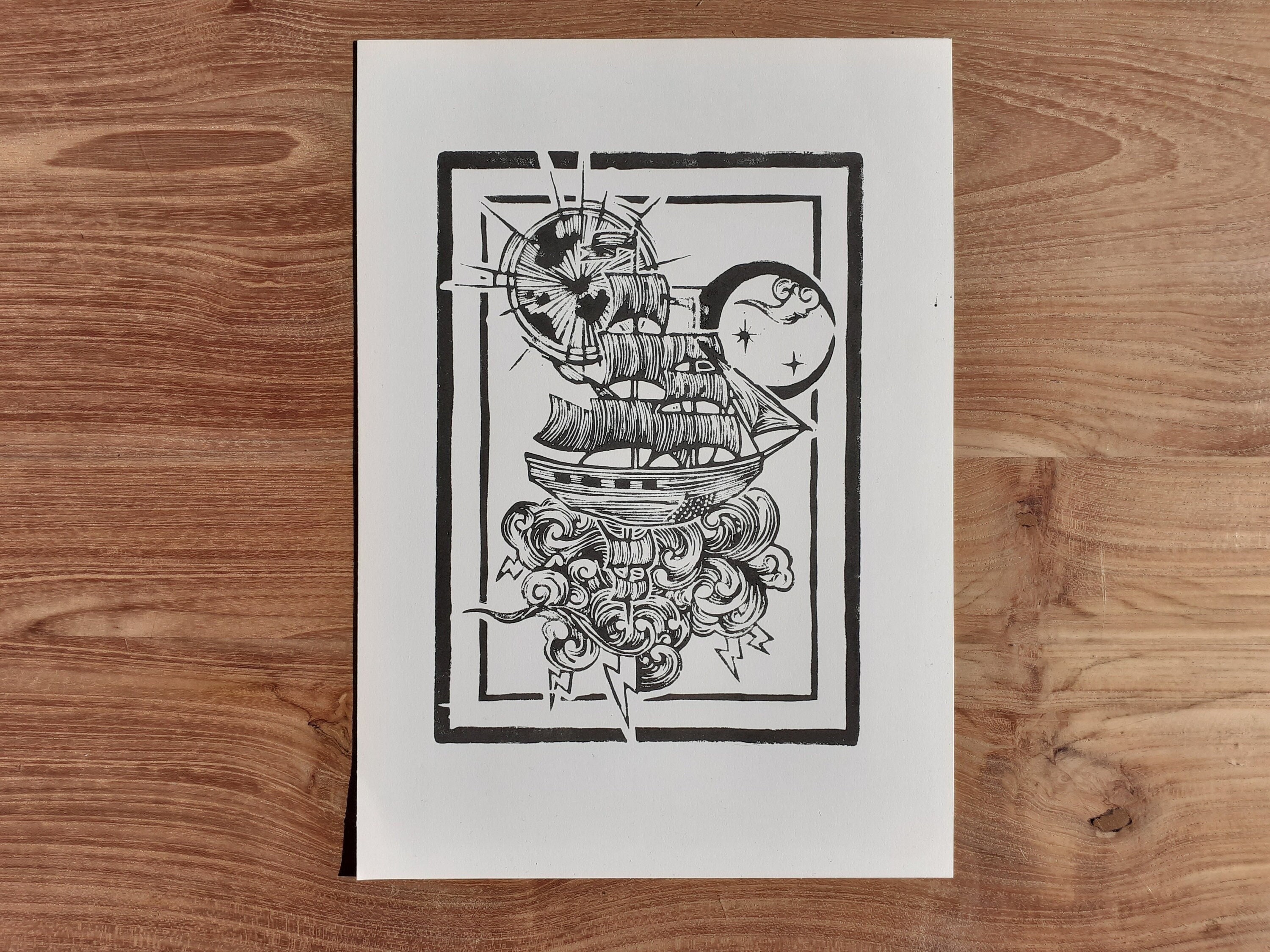 Linogravure Bateau Stellaire