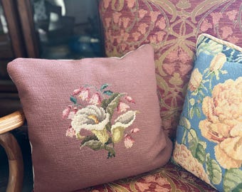 Vintage Needlepoint Pillow Cover: Calla Lily Floral Design, Dusty Rose Background (12"x12")