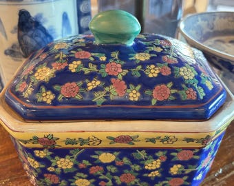Vintage Blue Dresser Box. Blue Dresser Box. Ceramic Floral Box.  Recipe box.
