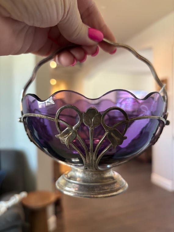 Vintage Art Krupp Berndorf. Purple Glass Bowl.  Vintage Decorative Bowl. Vintage Glass Decor. Vintage Home Decor.