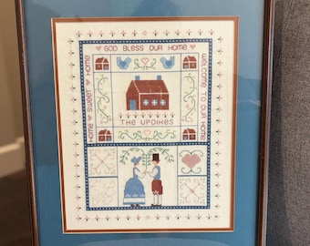 Framed Cross Stitch: God Bless Our Home Vintage Wall Art