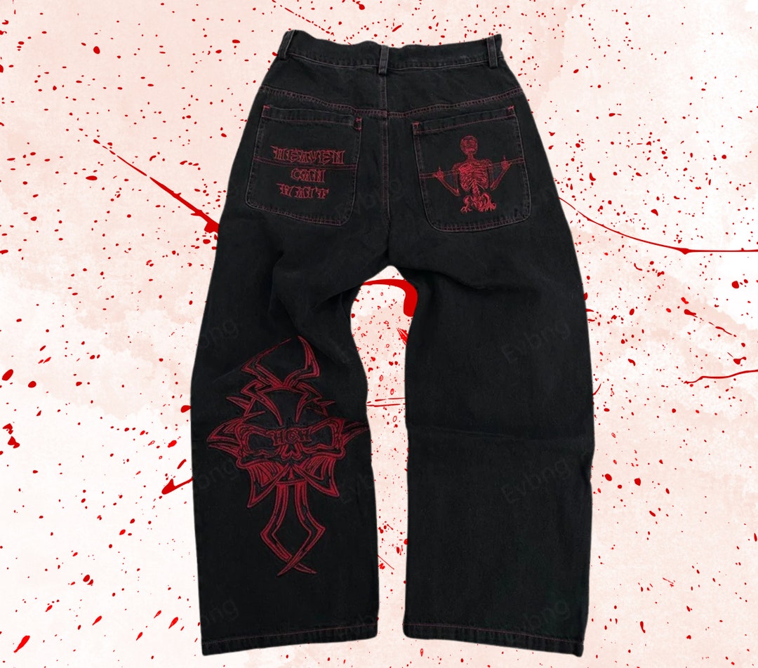 Gothic Red Skull Embroidered Y2K Streetwear Jeans, Baggy Denim Pants ...