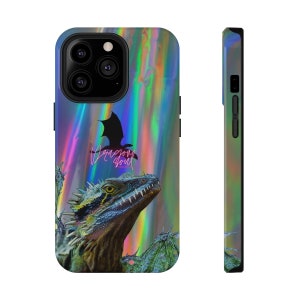 May include: A phone case featuring a colorful, iridescent background with a dragon illustration. The case has a black dragon silhouette and the text "Dragon Soul" in pink script. The dragon's head is visible at the bottom.