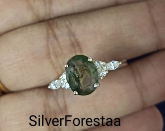 Natural Moss Agate Engagement Ring: 925 Sterling Silver, Nature Inspired