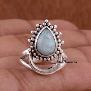 Larimar Ring: 925 Sterling Silver, Bohemian Style