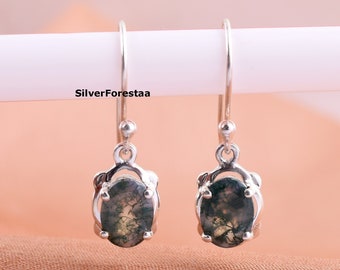 Natural Moss Agate Earring, Gemstone Earring, 925 Silver Earrings, Boho Earrings, Moss Agate Jewelry, Dangle Drop Earring. Moss Jewelry.