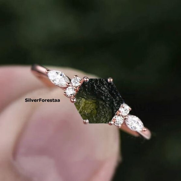 Natural Moldavite Silver Ring Rough Moldavite Ring Healing Moldavite Mateorite Ring Genuine Czech Republic Moldavite Ring Raw Moldavite Ring