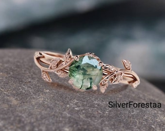 Natural Moss Agate Engagement Ring For Women, Alternative Engagement Ring, Nature Inspired Leaf Ring, Healing Gemstone Ring , Wedding ring