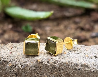 RAW MOLDAVITE Stud Earrings*Moldavite Ear Studs*Tektite Gemstone Stud Earrings*Sterling Silver earrings*Moldavite Studs*Anniversary Gift.