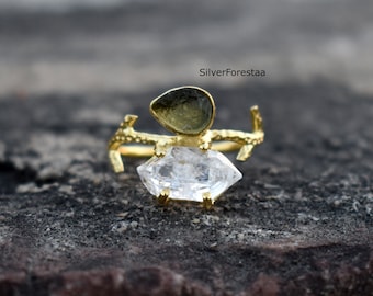 Raw Moldavite & Herkimer Diamond Ring: 925 Sterling Silver, Handmade