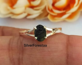 Roher Moldavit Ring: Handgemachter Sterling Silber Meteorit Schmuck