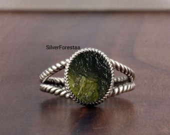 Genuine Moldavite Gemstone Ring, Moldavite Ring, 925 Solid Sterling Silver Ring, Raw Stone Moldavite, Authentic Moldavite Silver Jewellery