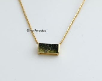 Moldavite Bar Neclklace, Rough Authentic Moldavite Necklace, Dainty Necklace, Minimalist Necklace, 925 Silver Pendant, Raw Moldavite Jewelry