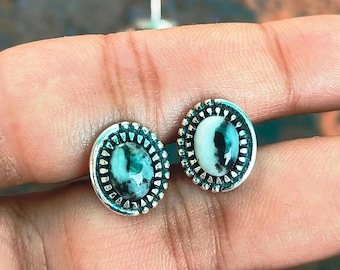 Handmade White Buffalo Turquoise Stud Earrings, 925 Sterling Silver, Minimalist